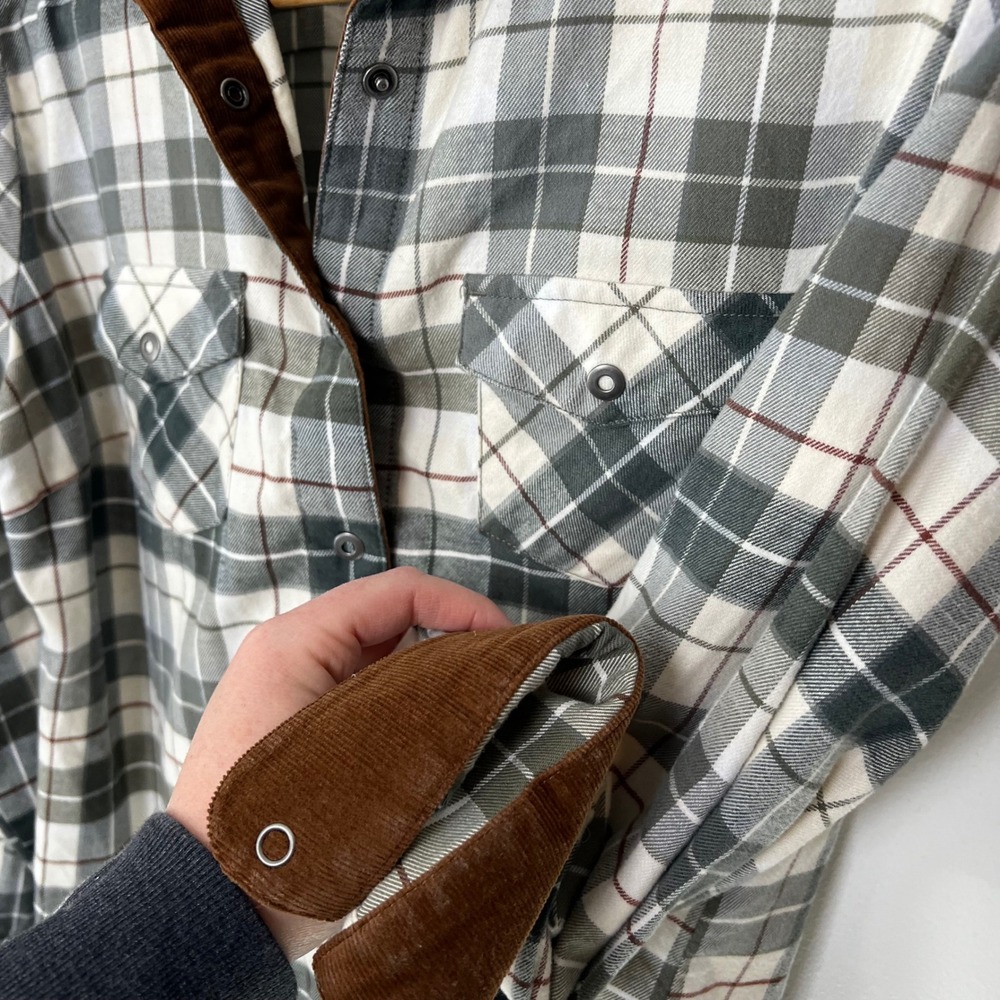 Kuhl Womens Green Plaid Flannel Snap Front Shirt Corduroy Trim Size L - Picture 2 of 6